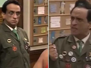 Duas imagens de Brasilino Roxo com terno verde e condecorações na Escolinha do Professor Raimundo
