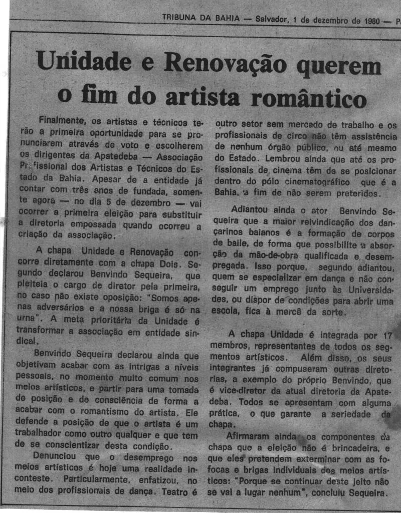 Recorte da Tribuna da Bahia sobre a organização dos artistas, preservado por Bemvindo Sequeira