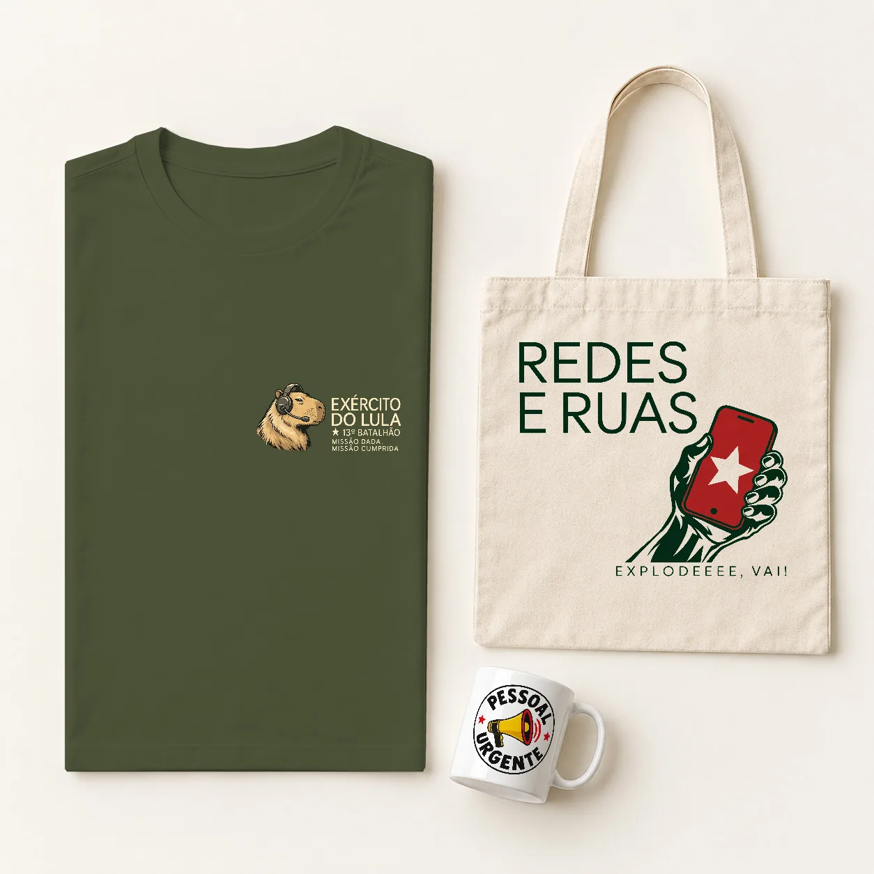 Kit Exército do Lula Discreto na cor Verde Musgo: camiseta, ecobag e caneca