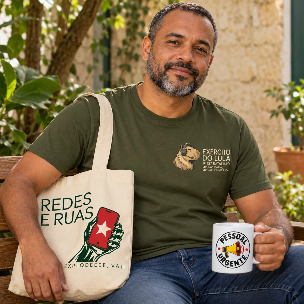 Kit Exército do Lula Discreto na cor Verde Musgo: modelo com a camiseta, a ecobag e a caneca