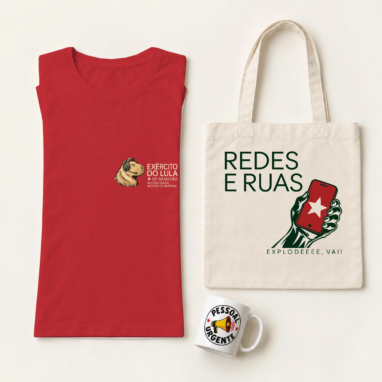 Kit Exército do Lula Discreto na cor Vermelha: camiseta, ecobag e caneca