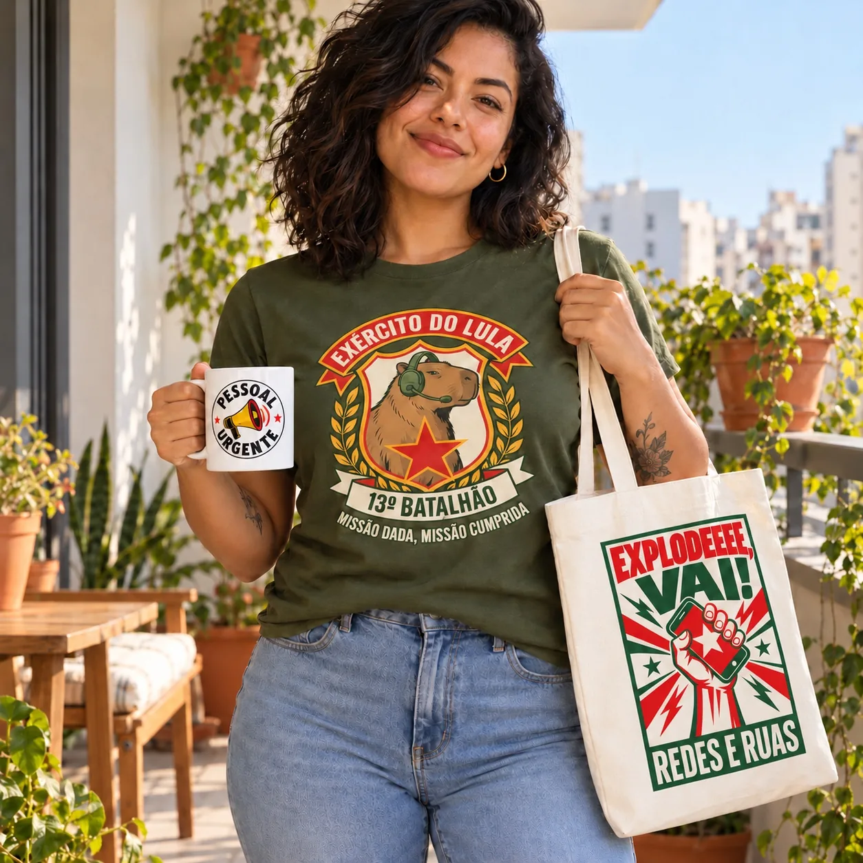 Kit Exército do Lula Raiz na cor Verde Musgo: modelo com a camiseta, a ecobag e a caneca