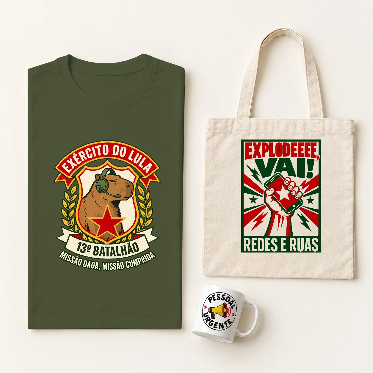 Kit Exército do Lula Raiz na cor Verde Musgo: camiseta, ecobag e caneca