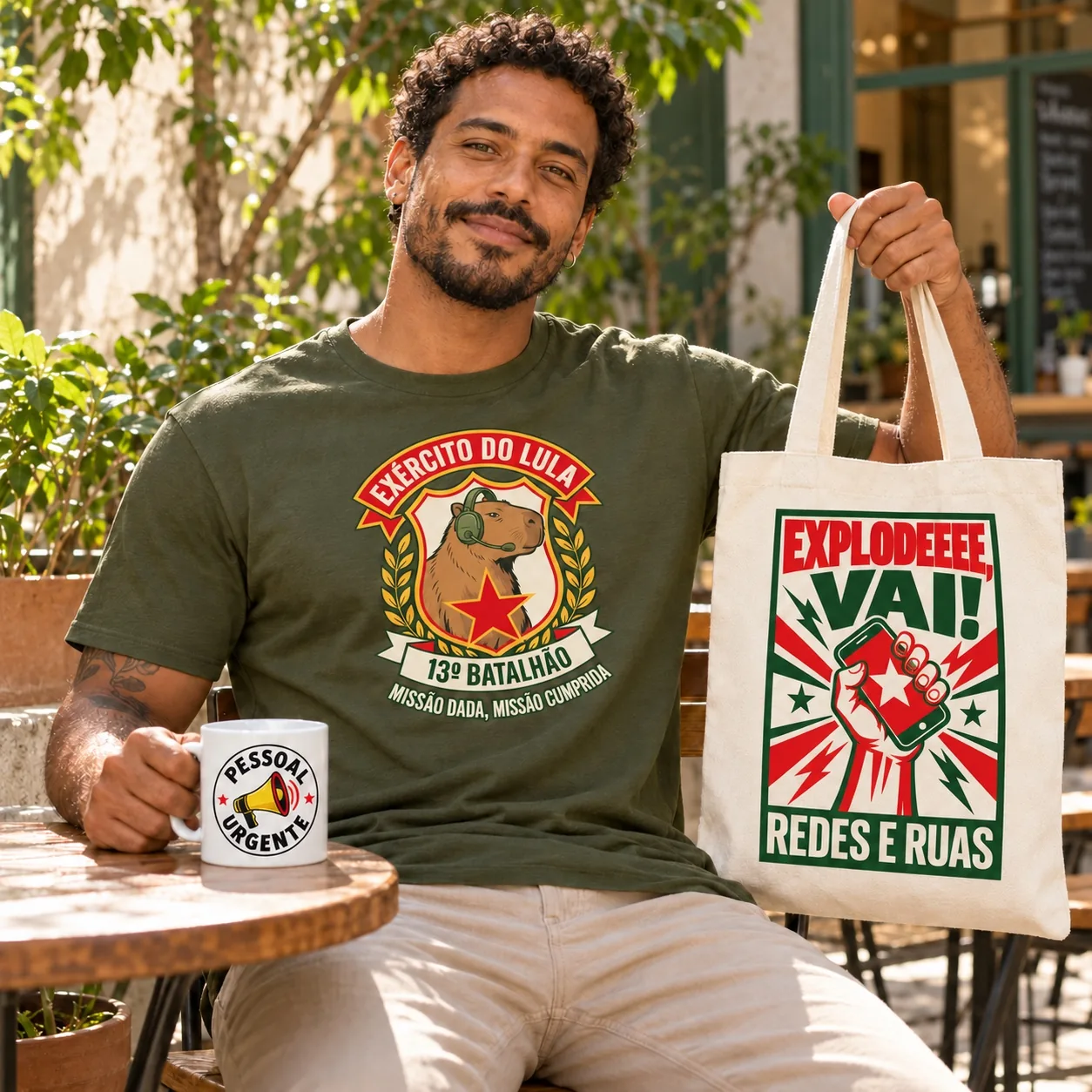 Kit Exército do Lula Raiz na cor Verde Musgo: modelo com a camiseta, a ecobag e a caneca