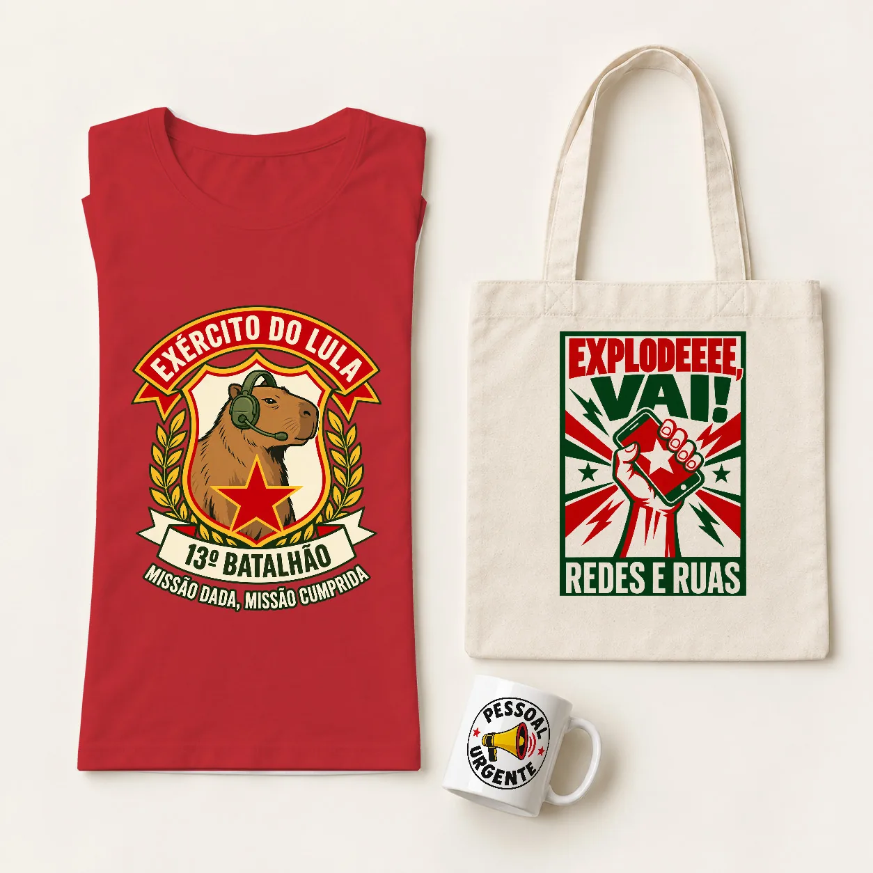 Kit Exército do Lula Raiz na cor Vermelha: camiseta, ecobag e caneca