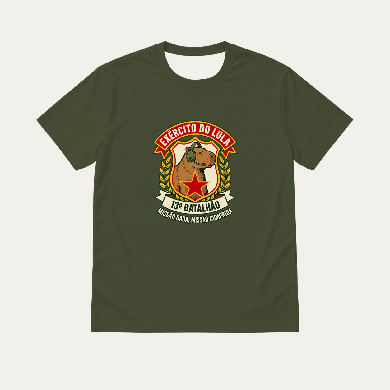 Camiseta Exército do Lula — Original, verde musgo, vista frontal.