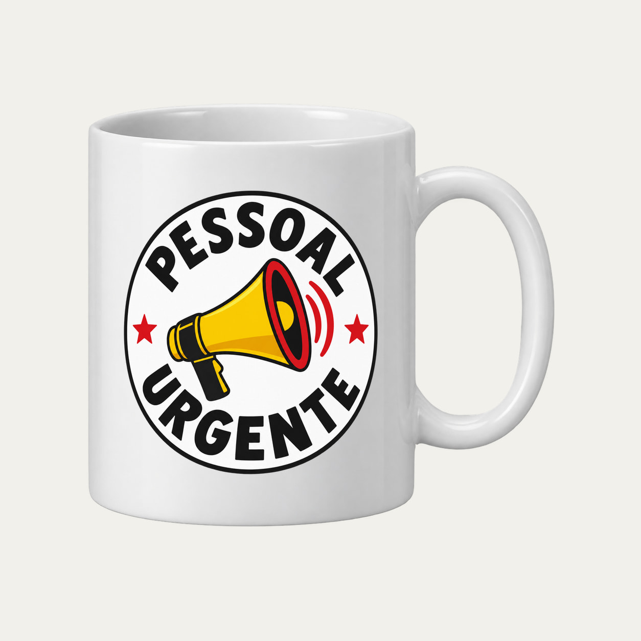 Caneca Pessoal / Urgente — selo circular original, branca, vista frontal.